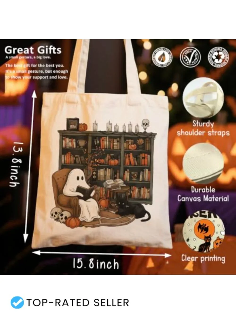 Spooky Book Lover Ghost Tote Bag Black Cat Pumpkin Skull
